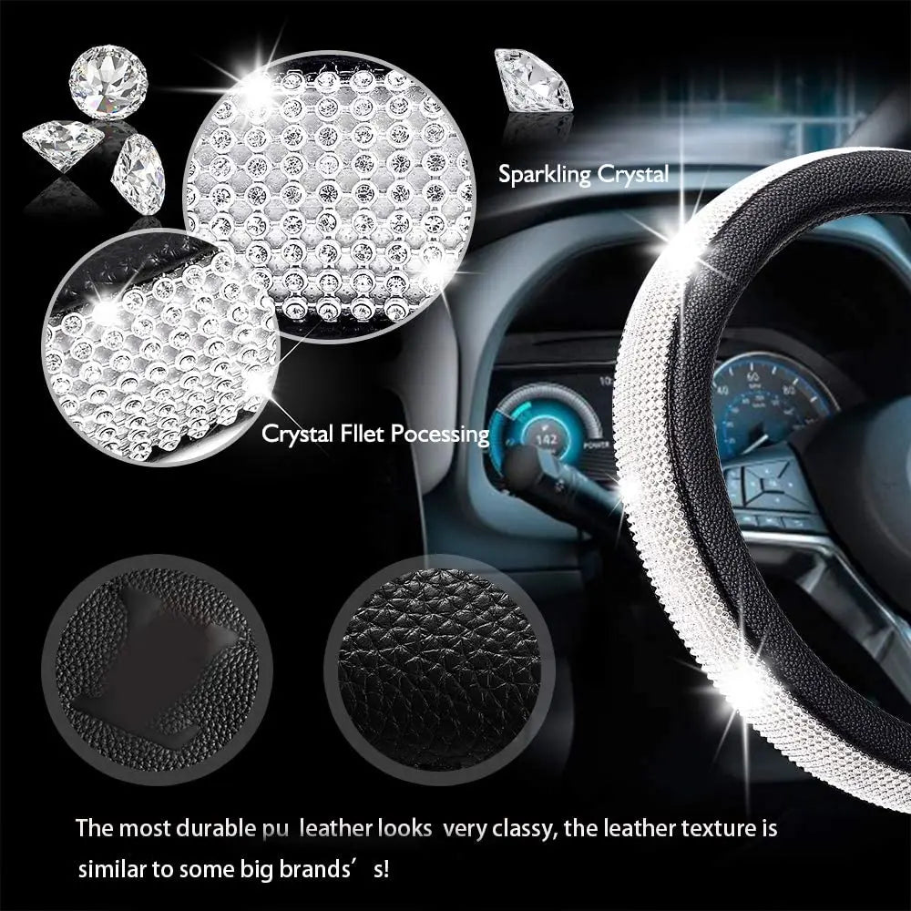 PU Leather Diamond Rhinestones Crystal Car Steering Wheel Cover