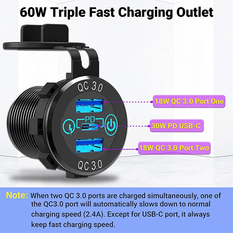 12V/24V 60W USB-C Triple Aluminum Metal Charger Socket