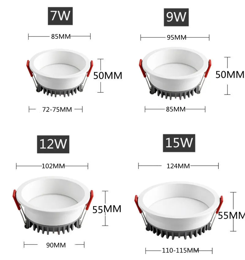 7W/9W/12W/15W Dimmable AC85~265V Recessed Anti Glare LED Downlights