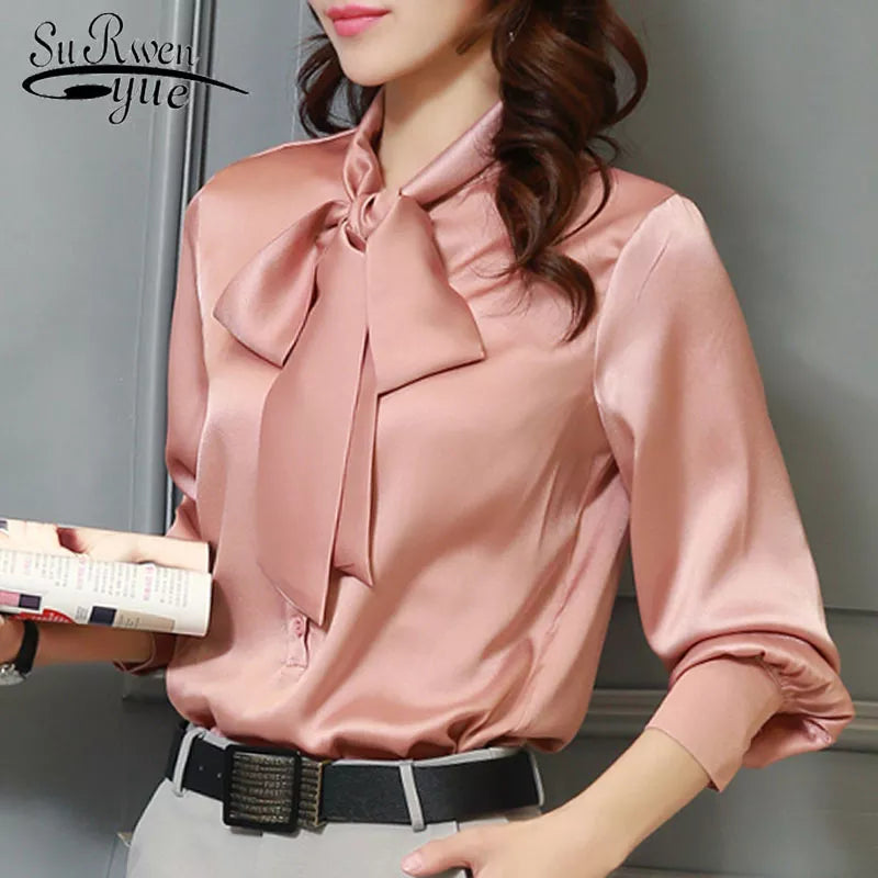 Chiffon V-Neck Blouse with Bow Lantern Sleeve