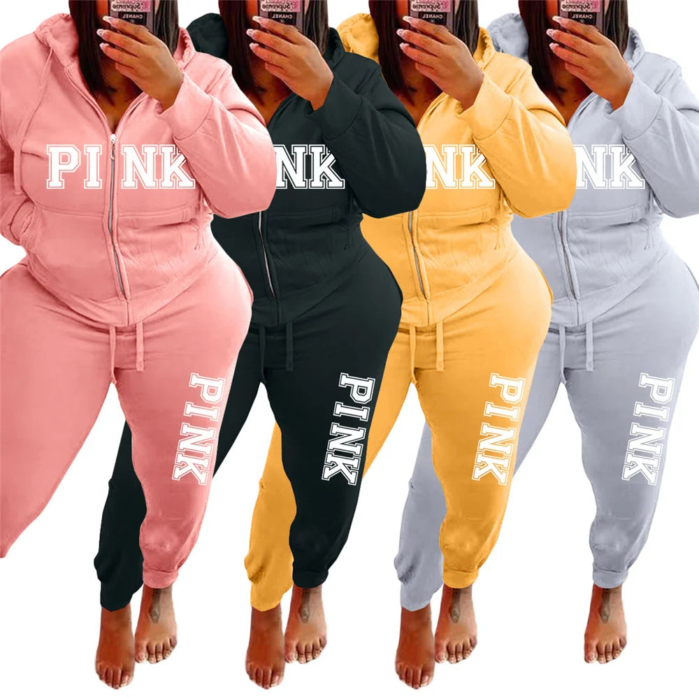 Plus Size Hooded Zipped up PINK Print  with side Pocket Tracksuit Set