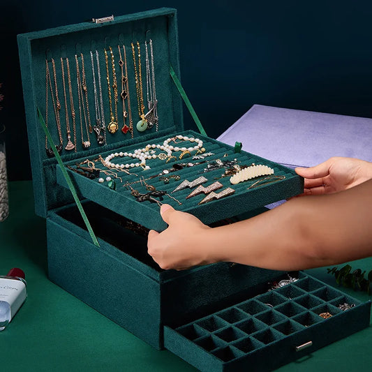 Premium 3-Layer Flannel Jewelry Organizer Box With Lock