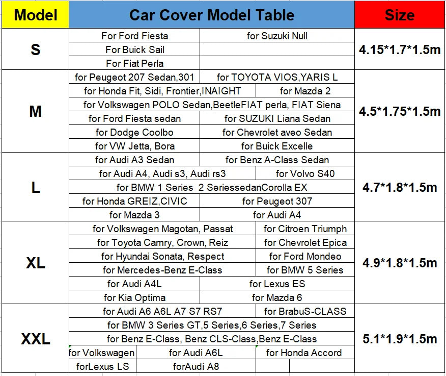 Universal Car Indoor Outdoor Full Auto Cover Size S/M/L/XL/XXL