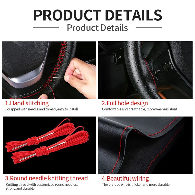 Genuine Leather Steering Wheel Cover with Needles and Thread Braid