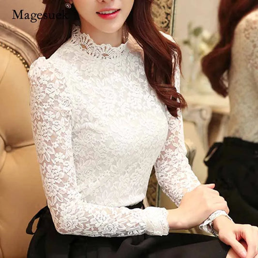 Lace Hollow Out Top with Stand-up Collar White Blouse