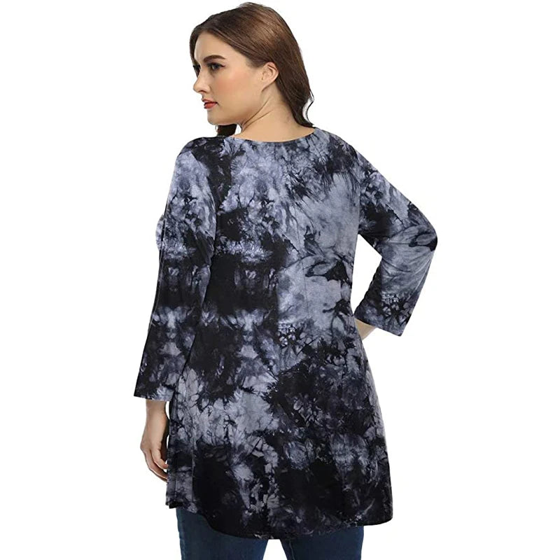 Tie Dye Plus Size O Neck Long Sleeve Blouse