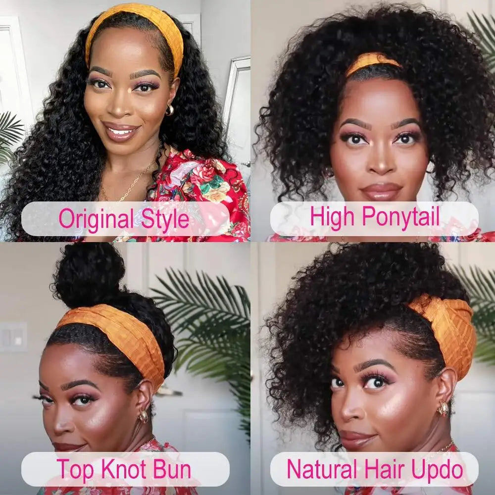 Full Machine-Made Kinky Headband Wig of Human Hair with 180% Density