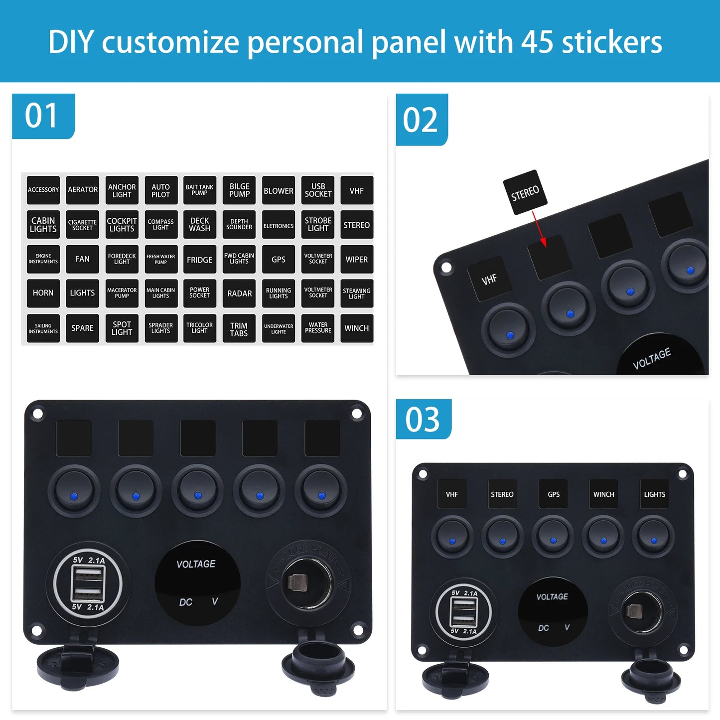 LED Rocker Switch Panel with Digital Voltmeter