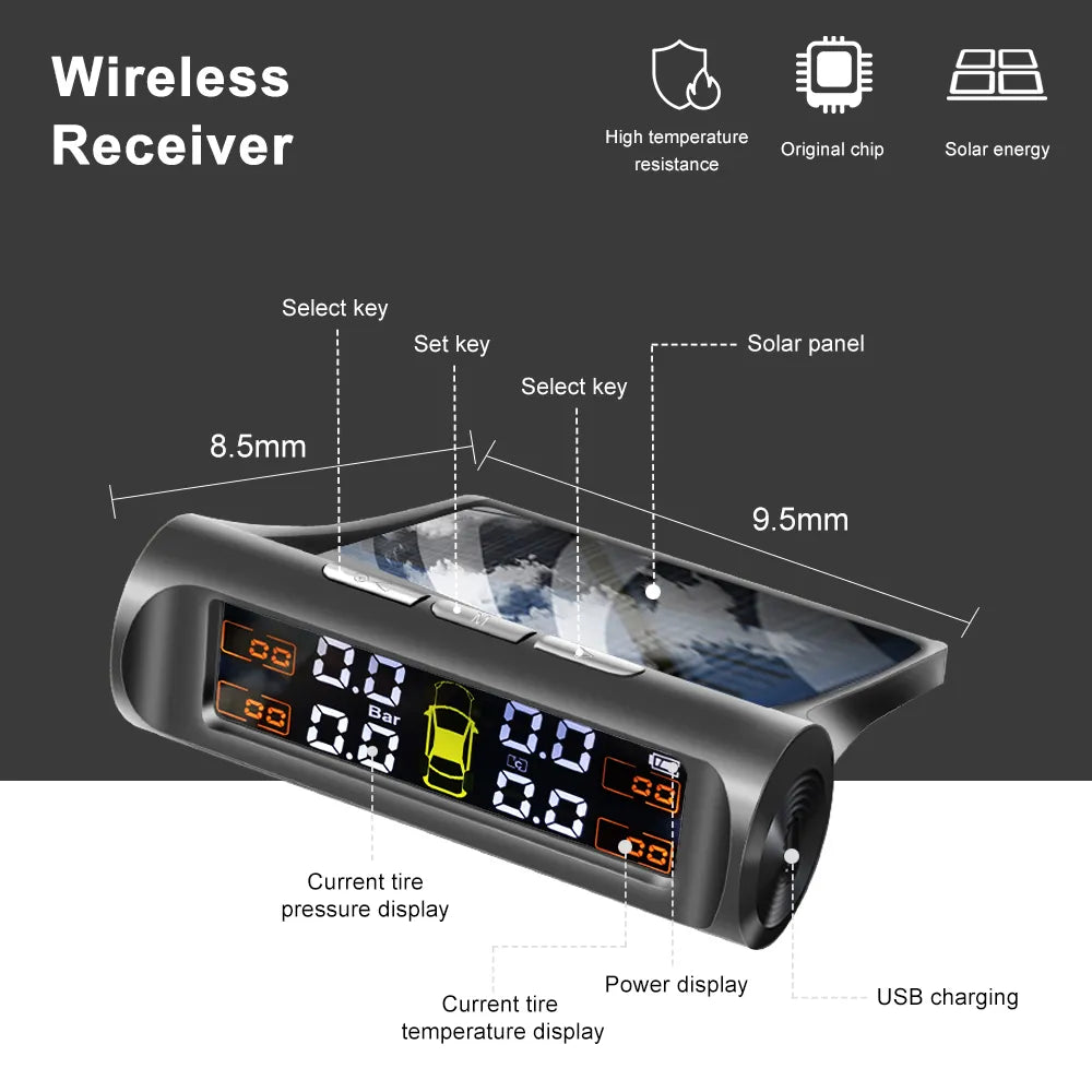 Solar Car Tire Pressure Monitoring System with 4 Wheel Internal External Sensors