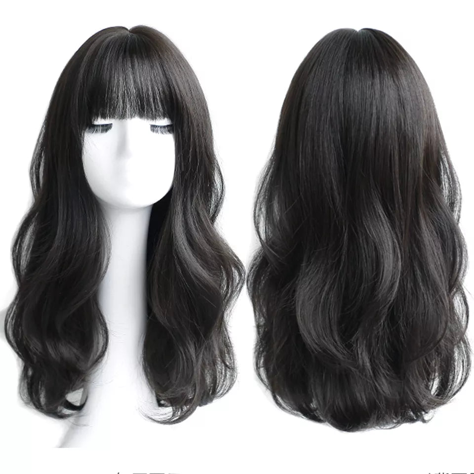 long curly synthetic wig with center bangs