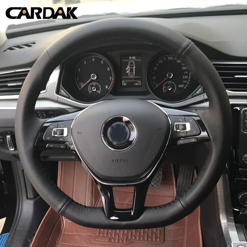 Hand-stitched black artificial leather steering wheel cover