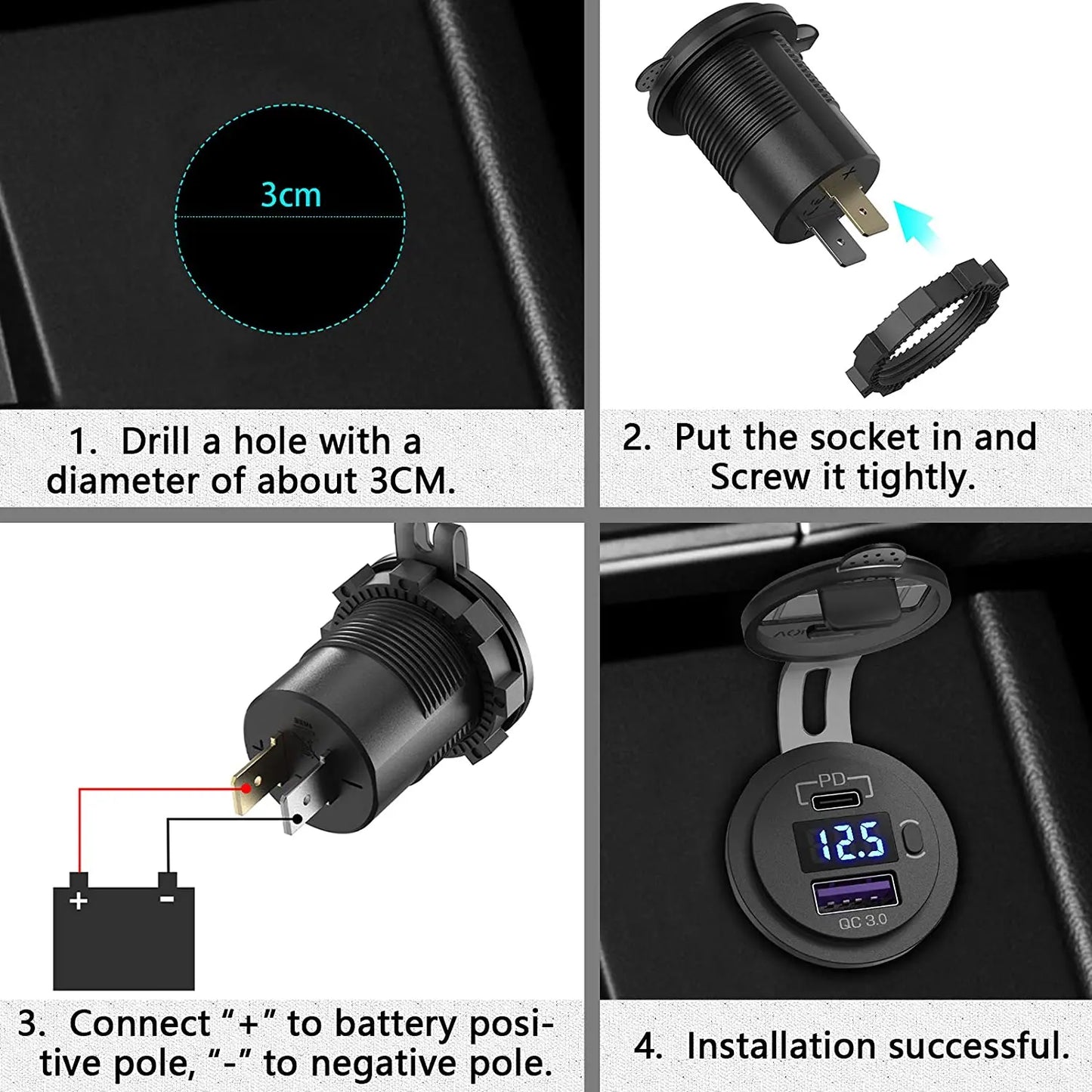 48W USB Type C Car USB Charger Socket with LED Voltmeter