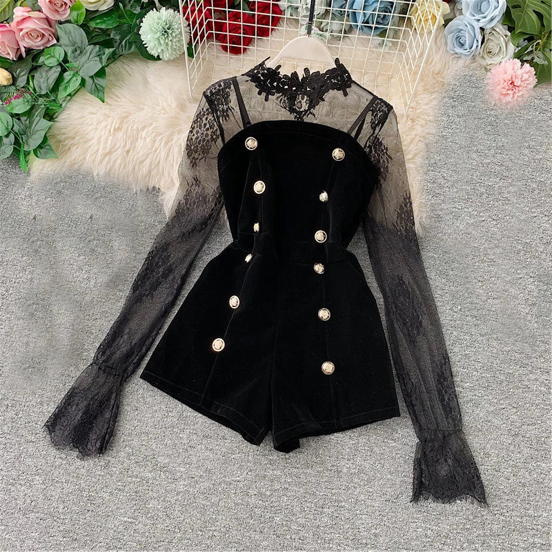 Two Set Long Sleeve Lace Embroidery Shirt
