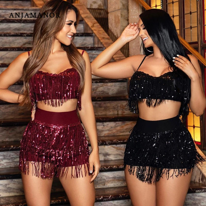 Two Piece Set Sequin Fringe Skirt Crop Top set