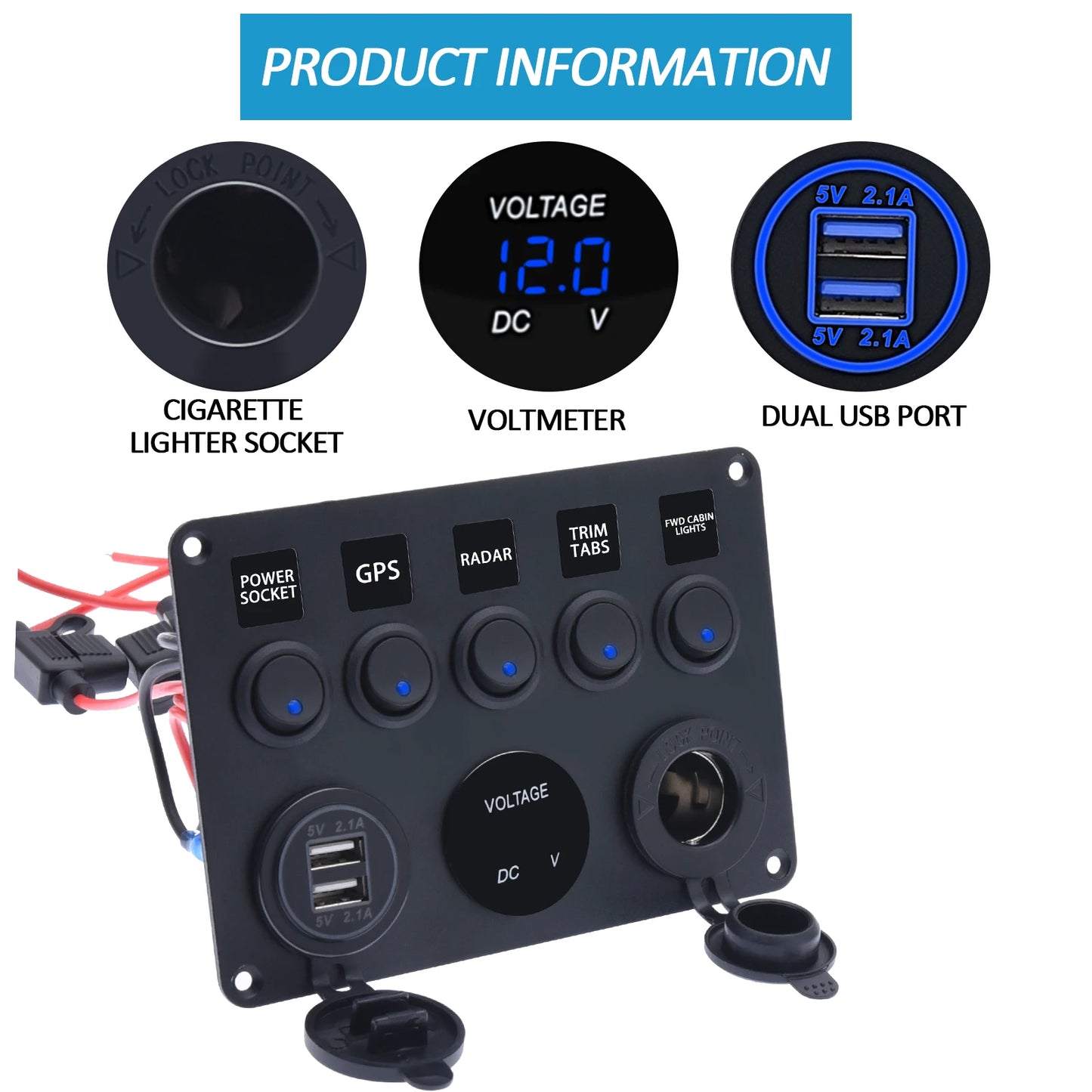 LED Rocker Switch Panel with Digital Voltmeter