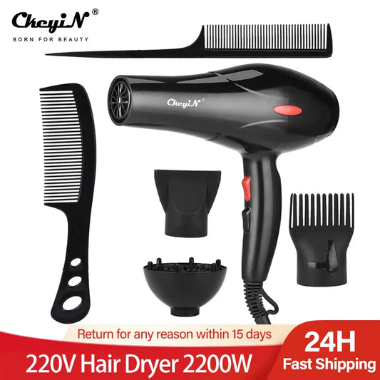 Powerful Electric Hair Dryer with Low Noise, 3 Heat Settings, 2 Speeds, 2 Nozzles, 2200W, 220V