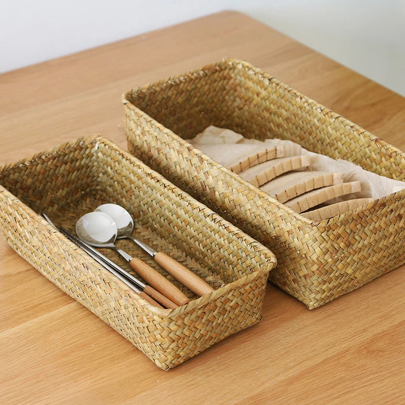 Desktop Natural Straw Hand Woven Storage Basket Organizer