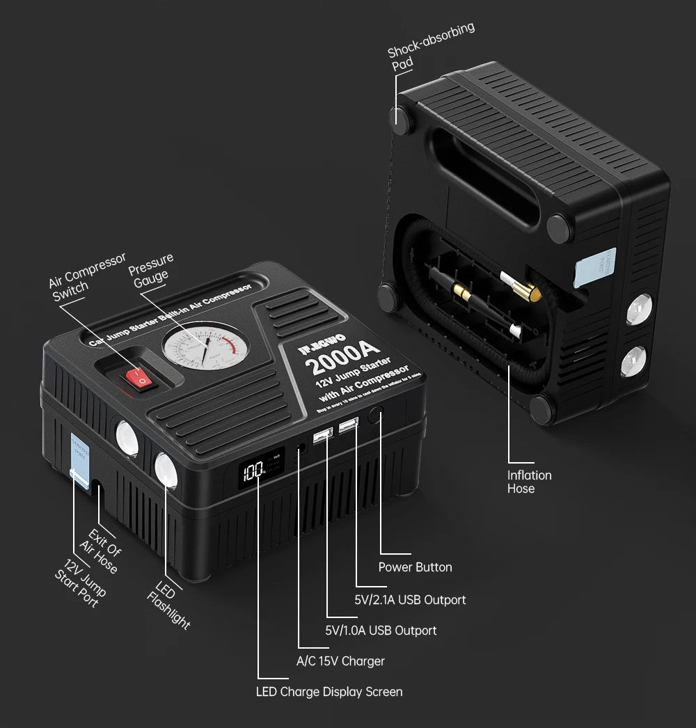 2000A Car Jump Starter with Air Compressor Power Bank 20000mAh