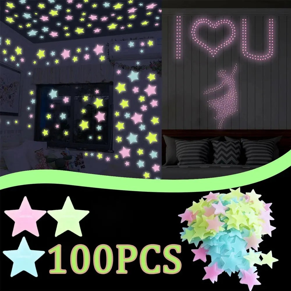 100 Pieces of Luminous 3D Star Stickers for CHILDREN'S Room, Bedroom, Ceiling, Illuminated Plastic Wall Stickers, Home Decoratio