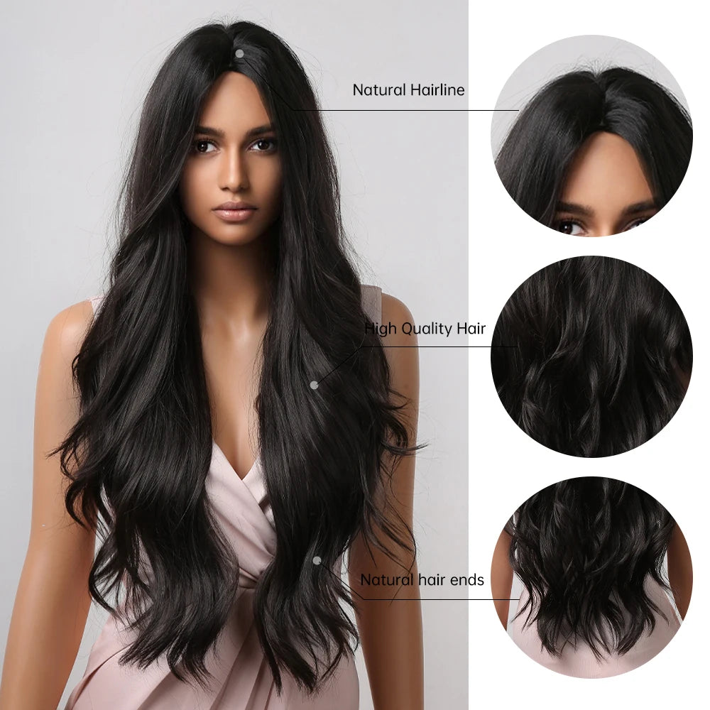 Heat Resistant Black Long Wavy Synthetic Wigs