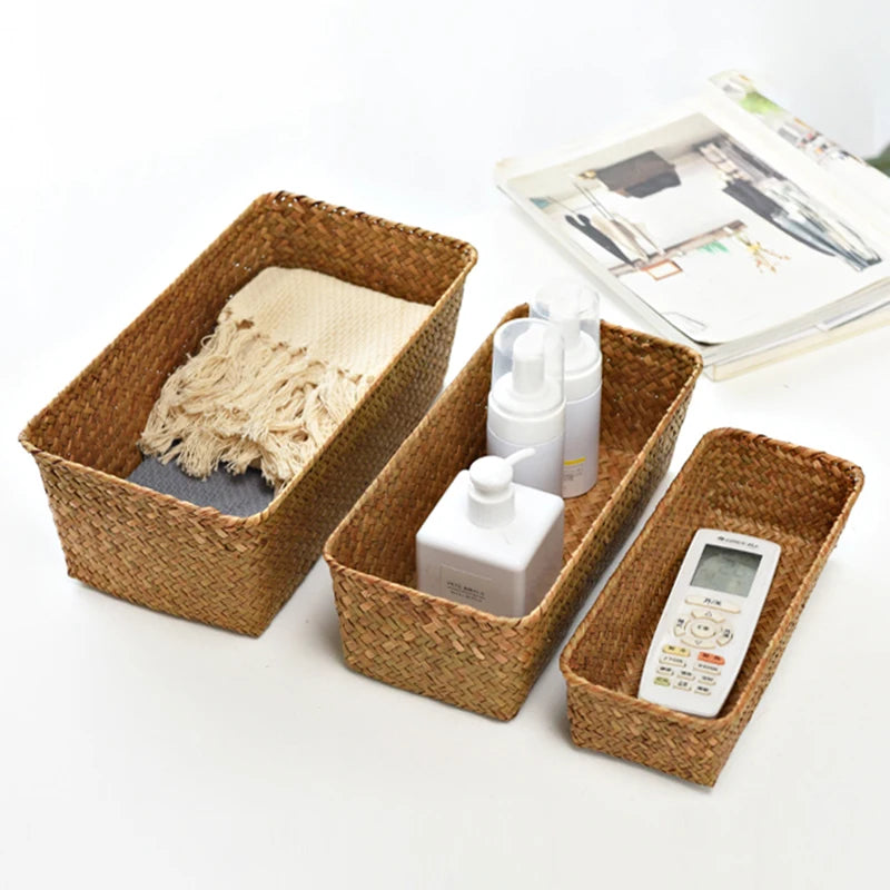 Desktop Natural Straw Hand Woven Storage Basket Organizer