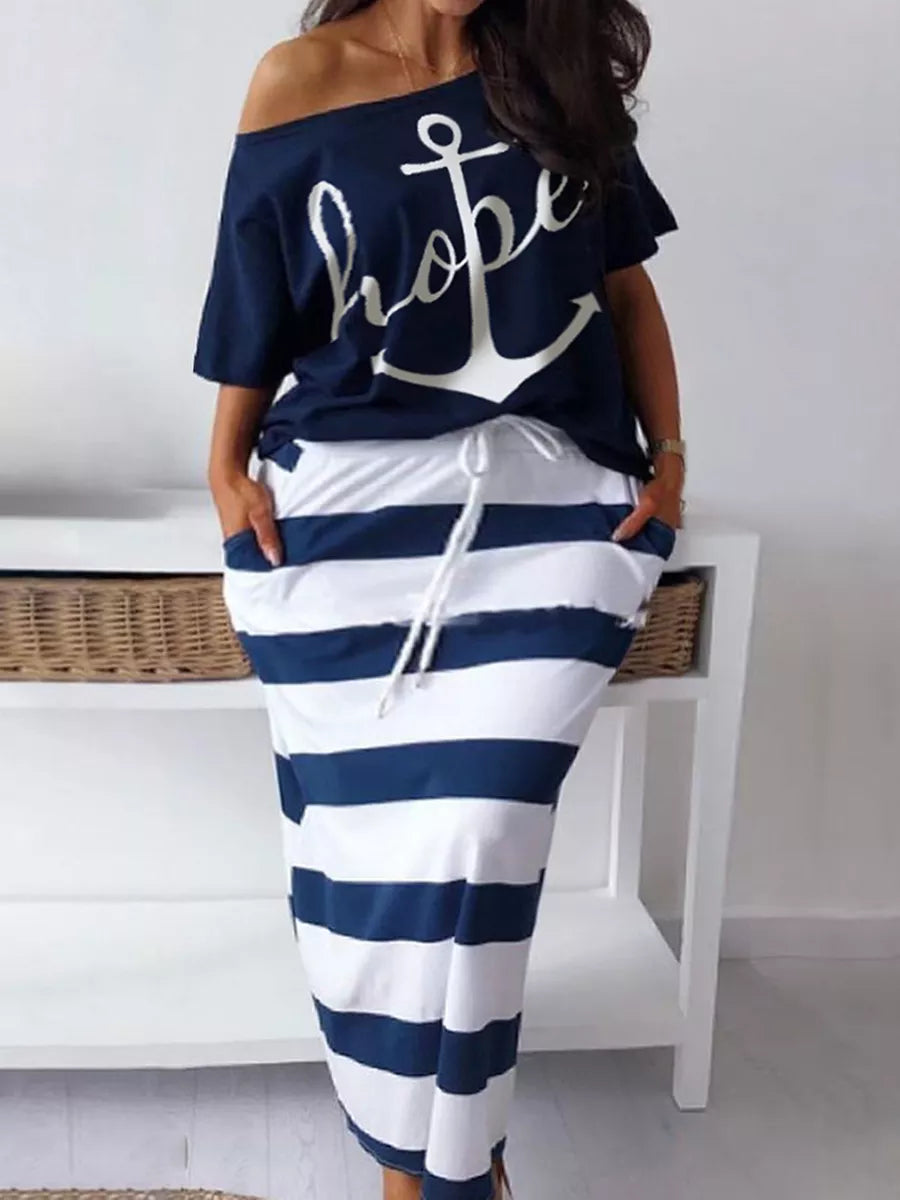 Plus Size Two Piece Letter Print and Striped Skirt Set