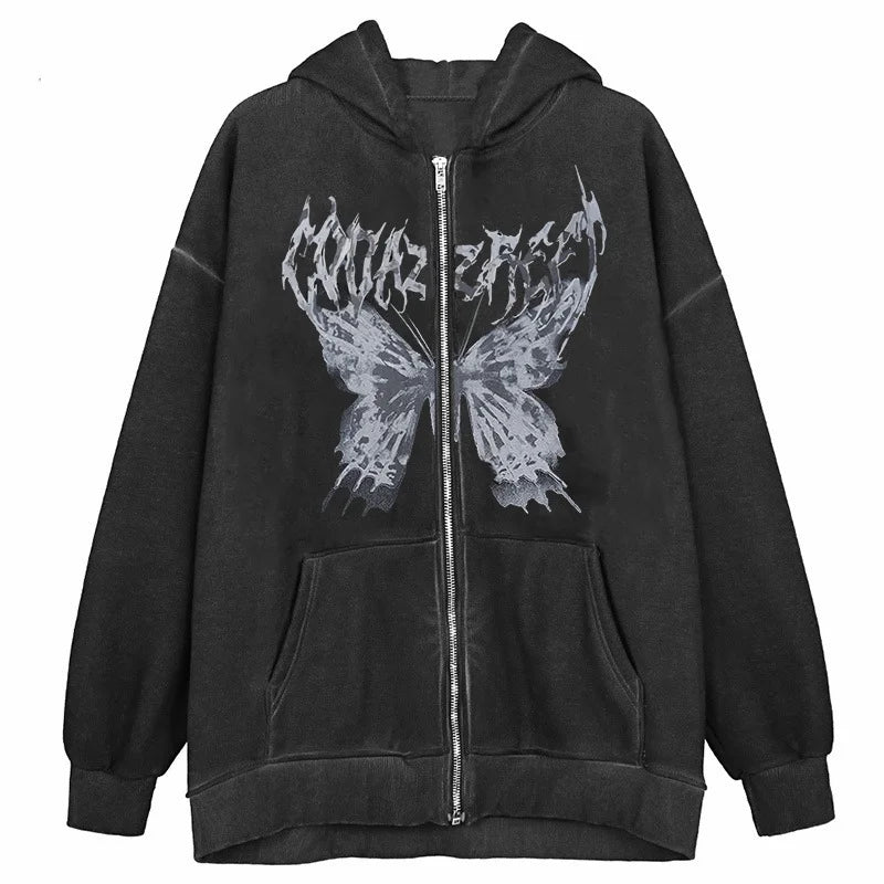 Oversize Butterfly Printed Zipper Jacket