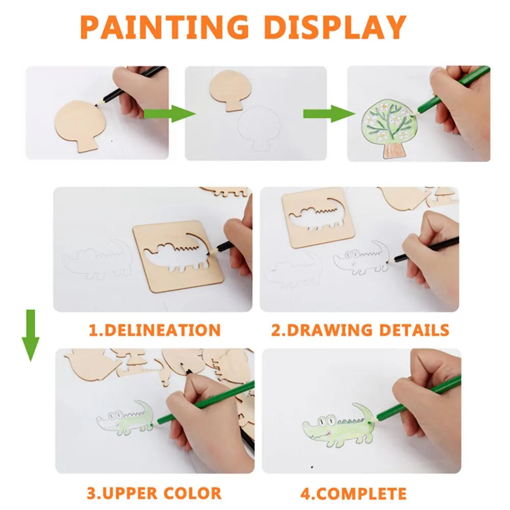 Montessori Kids Toys Drawing Toys Wooden DIY Painting Template Stencils Learning Educational Toys for Children Gift 20pcs