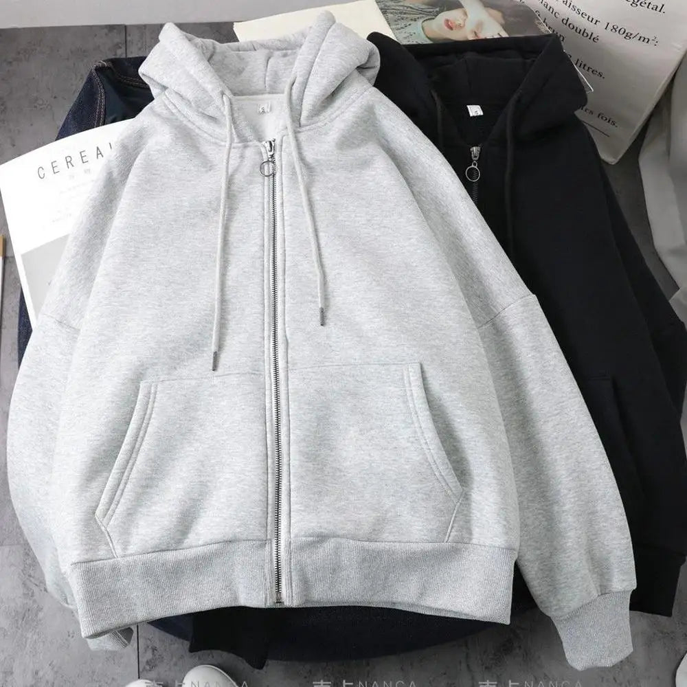 Casual Zipper Up Hoodie Oversized Black and Gray