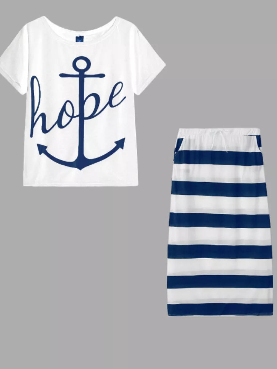 Plus Size Two Piece Letter Print and Striped Skirt Set