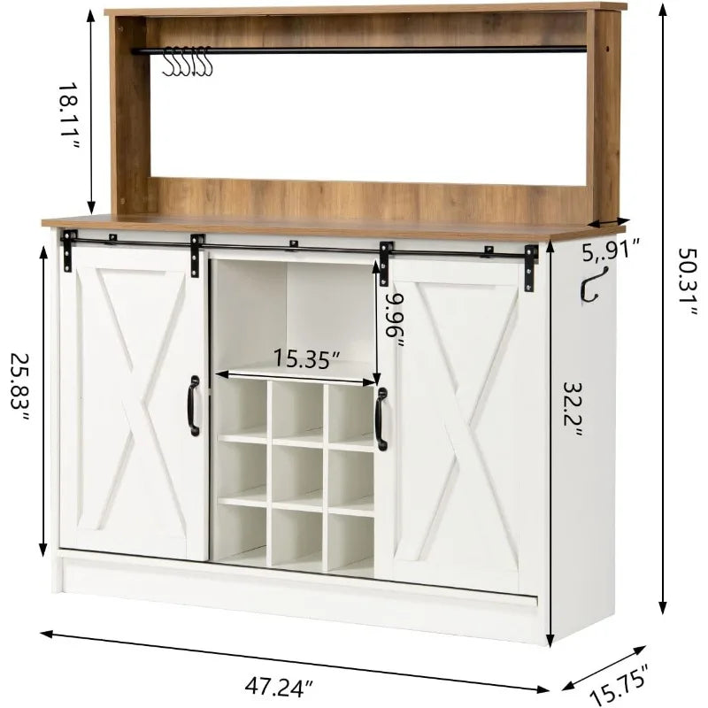 Farmhouse Coffee Wine Bar Cabinet with 6 Hooks Sliding Barn Door 47’’ Sideboard Buffet Cabinet with Adjustable Shelf for Kitchen