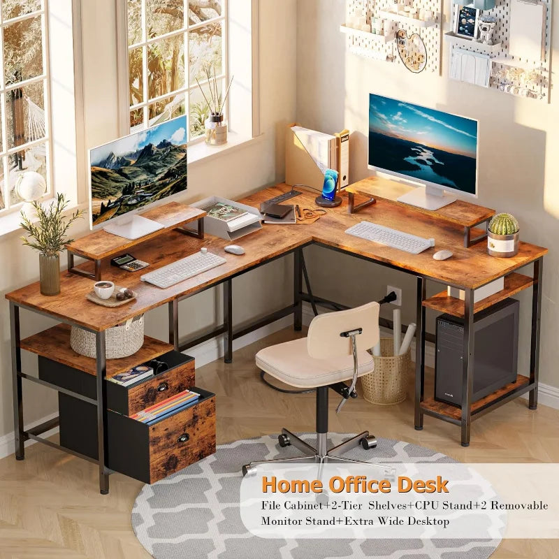 Furologee 66” L Shaped Desk with Power Outlet, Reversible Computer Desk with File Drawer & 2 Monitor Stands, Home  Rustic Brown