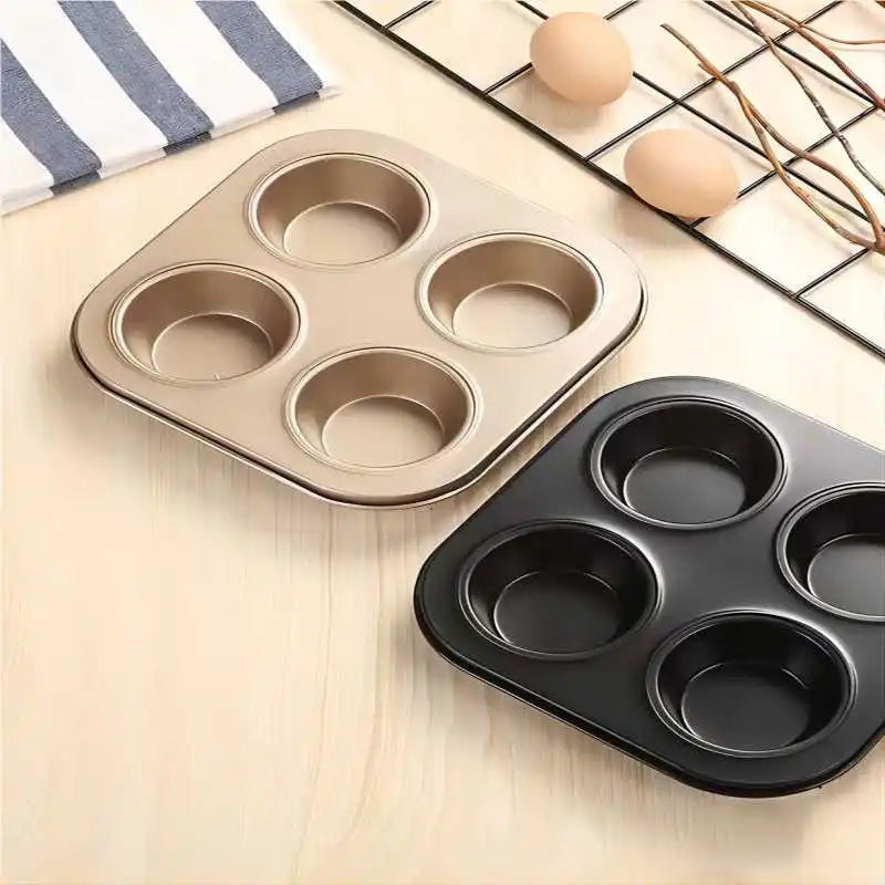 1-Pack Carbon Steel Nonstick 4 Holes Round Mold Baking Home Even Cake Kitchen Gadget Accessories Carbon Steel Cupcake Pans