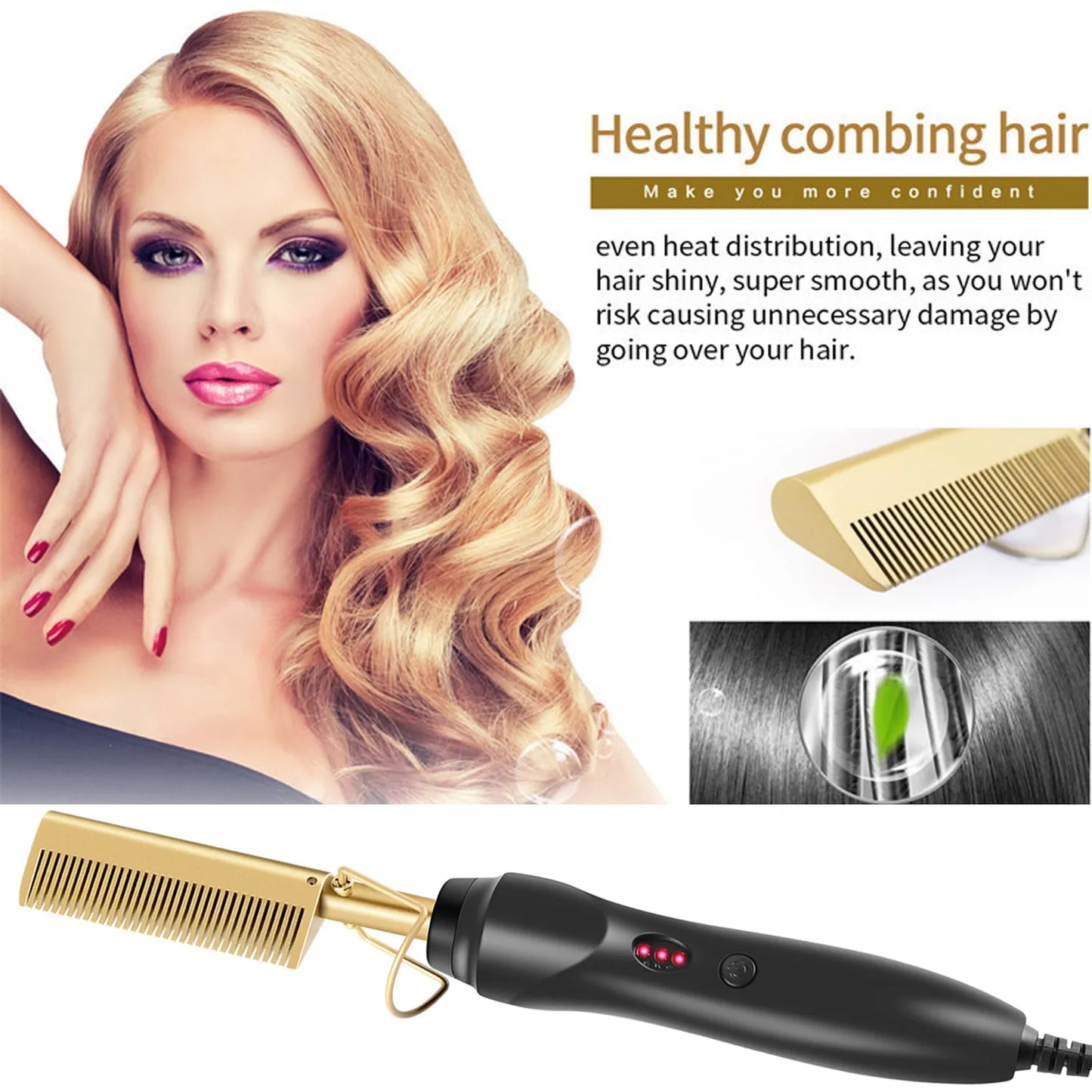 Black Hot Comb Hair Straightener Wet and Dry Hair Curler