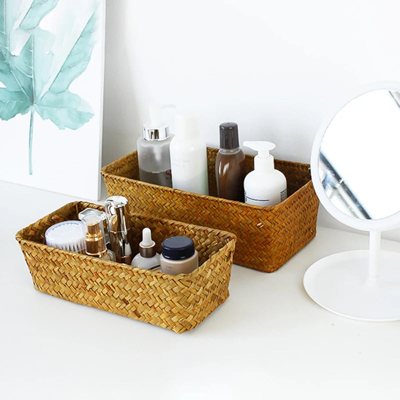 Desktop Natural Straw Hand Woven Storage Basket Organizer