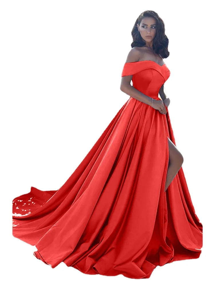 Elegant V-neck Off Shoulder Plus Size Dress with High Waist Slit