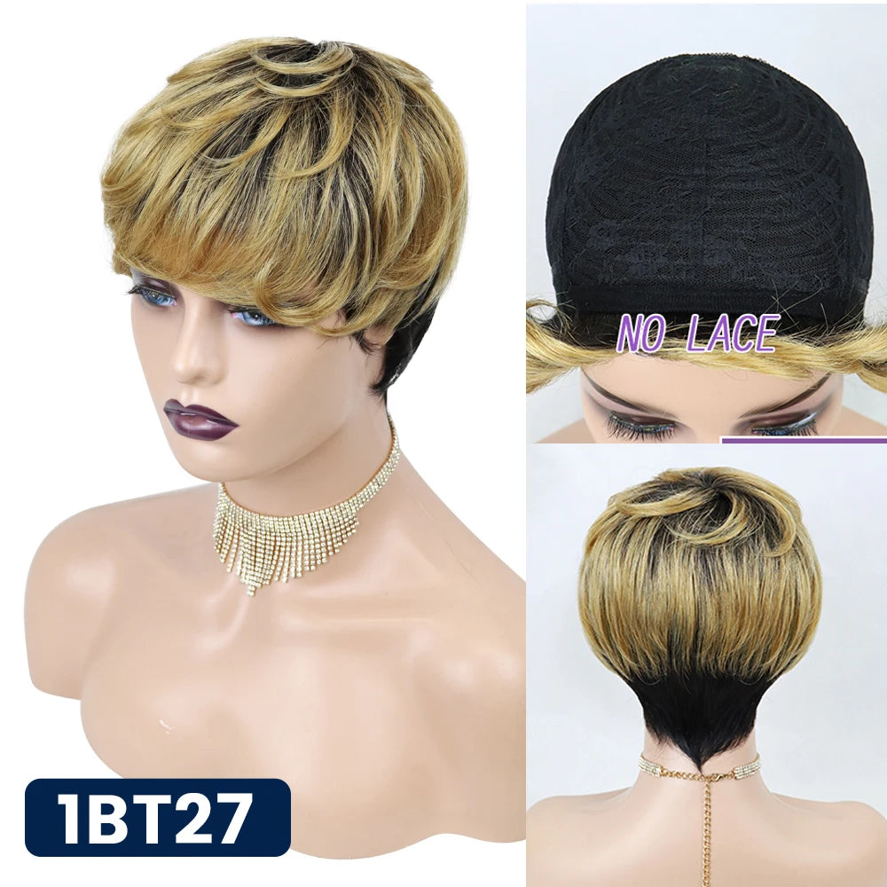 Short Pixie Cut Straight Hair Wig with 150% Density and Machine Made Wig