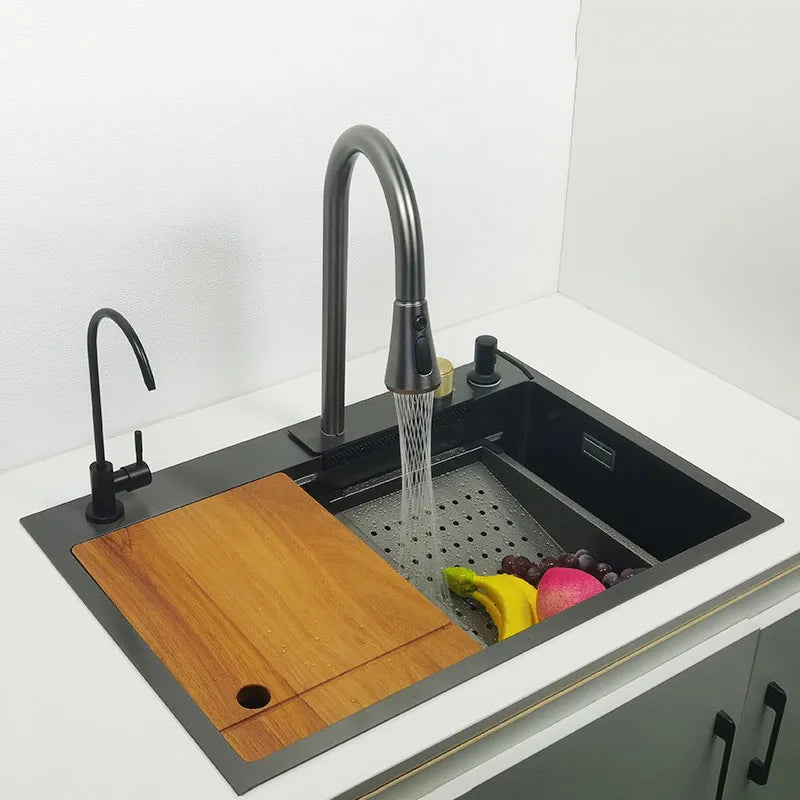 Gun grey kitchen sink Waterfall faucet with chopping board