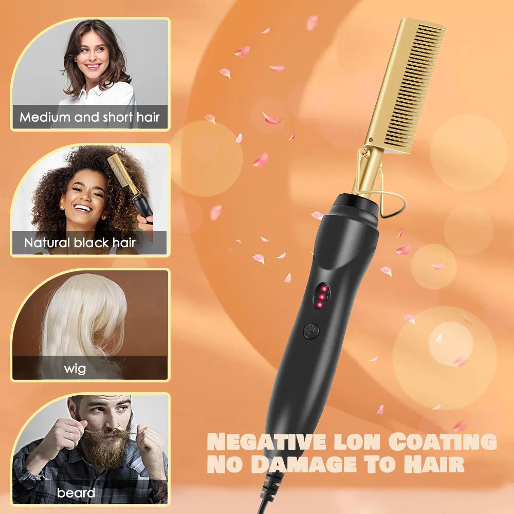 Black Hot Comb Hair Straightener Wet and Dry Hair Curler