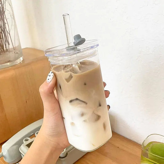 Square Heat Resistant Coffee Glass Cup With Lid and Straw Transparent Milk Tea Juice Cups Coffee Mug For Home Bar Drinkware