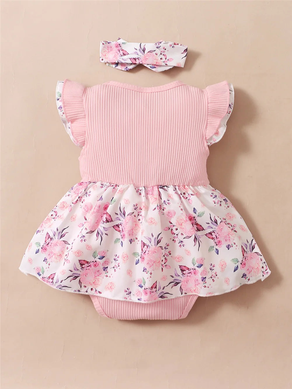 0-18 Months Baby Girl Floral Romper Dress Fly Sleeve Summer Ribbed Jumpsuit with Headband Newborn Baby Girl 2PCS Outfit