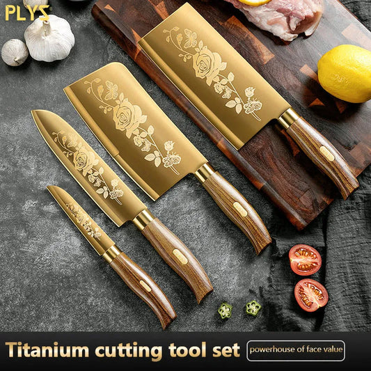 PLYS-Luxury Gold Kitchen Knife Set Stainless Steel Blade with Golden Titanium Plating Chef Knife Set for Kitchen