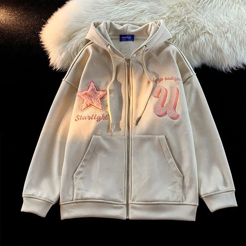 Letter Embroidery Zip Up Hoodie