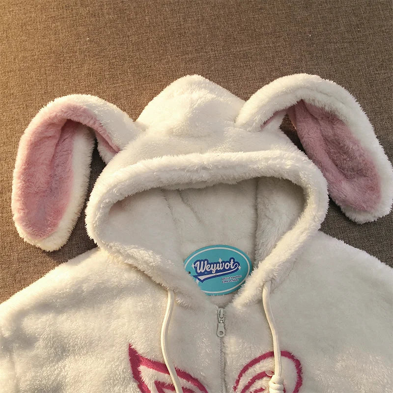 Zipper Bunny Ears Lamb Velvet Hoodie