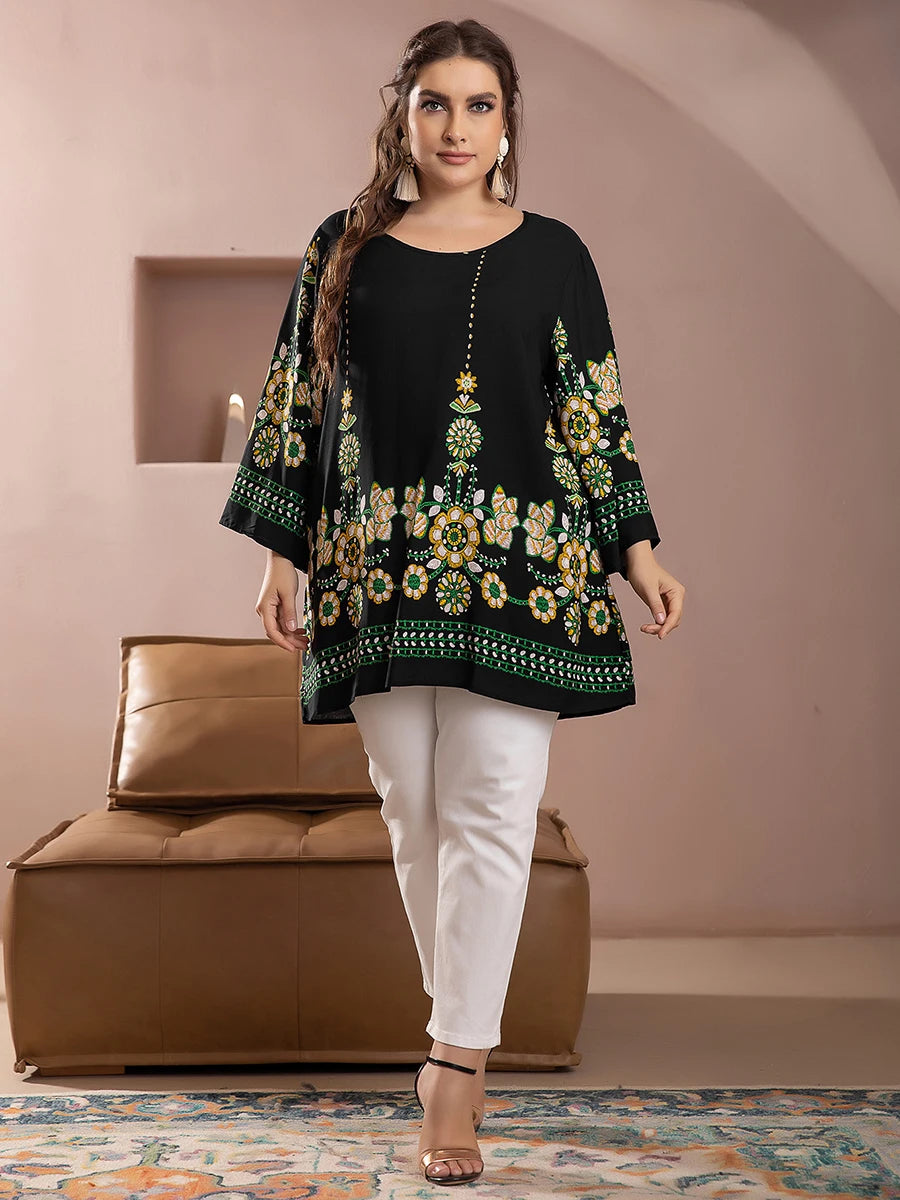 Floral Print  Plus Size O Neck Long Sleeve Blouse