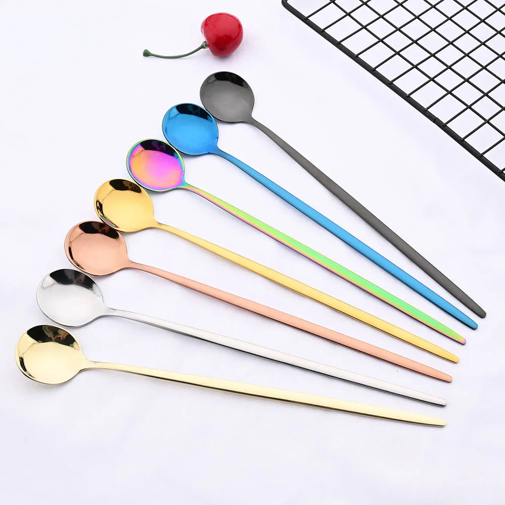 6Pcs Coffee Stirring Spoon Cutlery Set Juice Gold Tea Spoons Dinnerware Ice Cream Long Handle Scoop Tableware Kitchen Tools