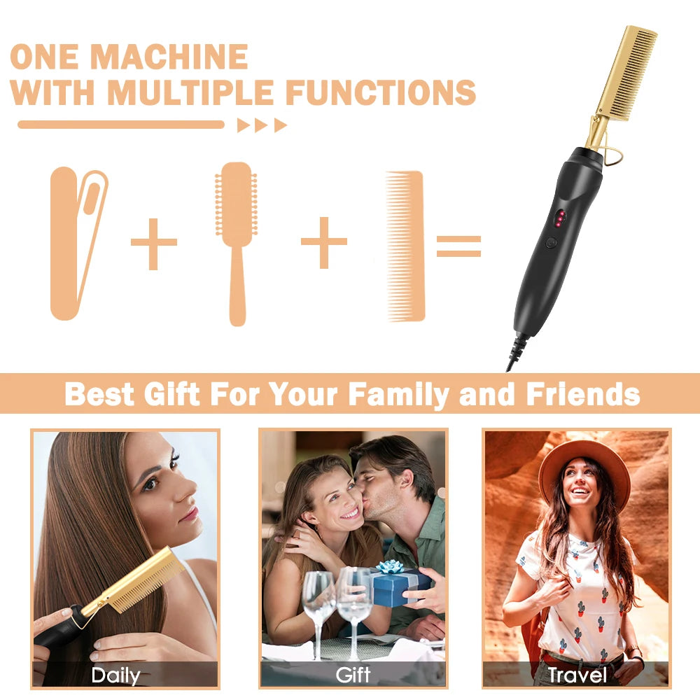 Black Hot Comb Hair Straightener Wet and Dry Hair Curler