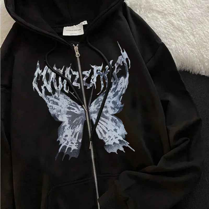 Oversize Butterfly Printed Zipper Jacket