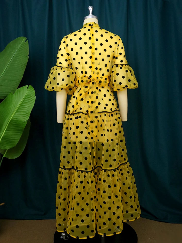 High Neck Lantern Sleeve in See Through Dot dress