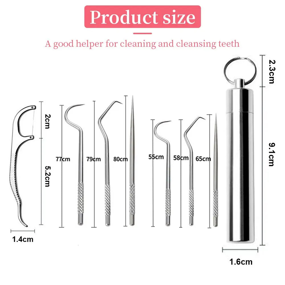 7pcs/set Stainless Steel Toothpick Set Tooth Flossing Reusable Toothpicks Portable Toothpick Floss Teeth Cleaner Oral Cleaning